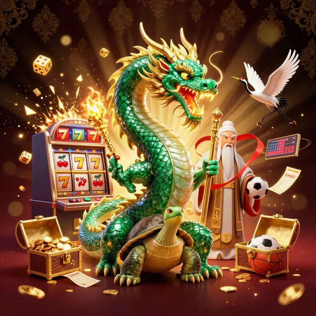 Emerald dragon, turtle sage and cranes amid exploding slot symbols, gold fire and casino treasure