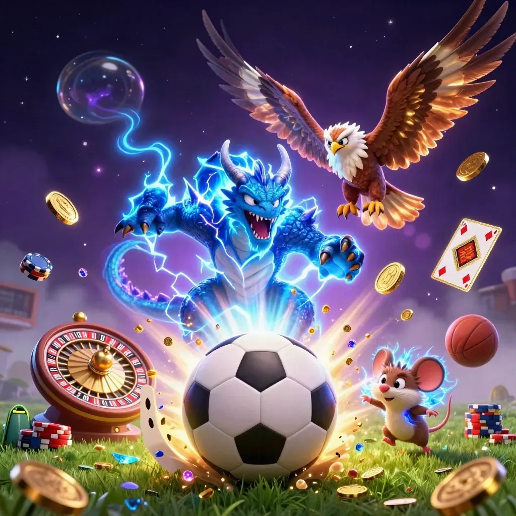 Fantasy dragon, hawk, and mouse blasting through casino props over a soccer ball at ground level.