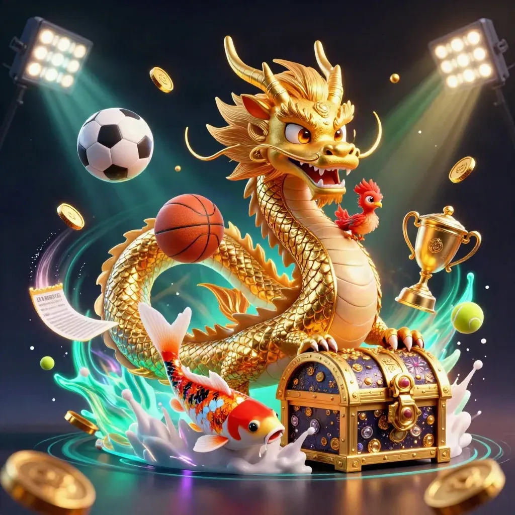 Golden dragon with phoenix, koi, balls, coins, and stadium lights in a luxe casino fantasy scene.