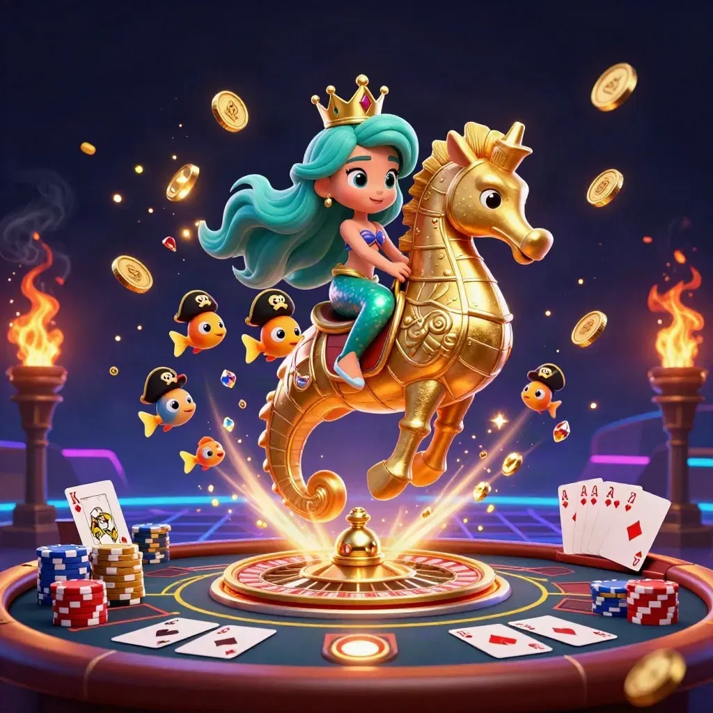 Mermaid princess on armored seahorse amid casino coins, cards, chips, and a glowing roulette wheel.