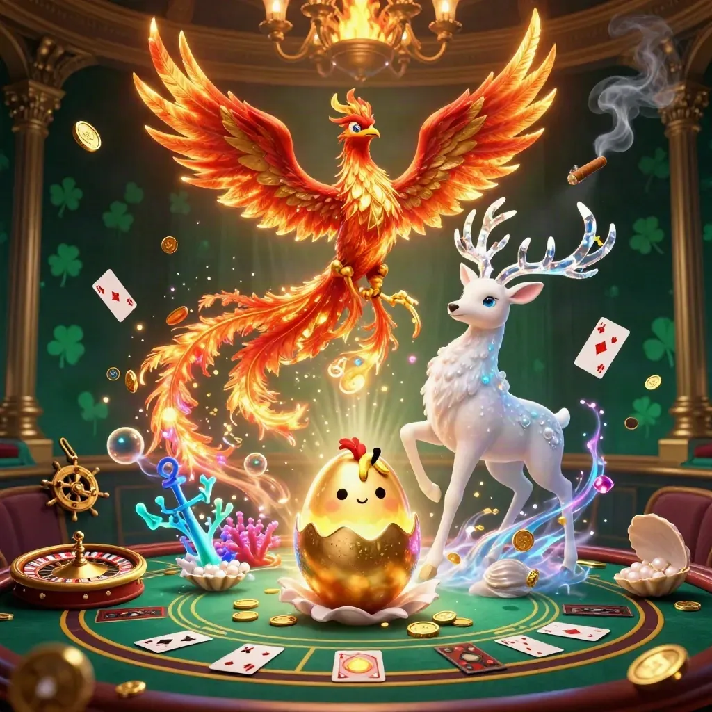Phoenix, hatching egg, crystal stag amid casino-ocean treasure, brass, chandeliers, emerald glow.
