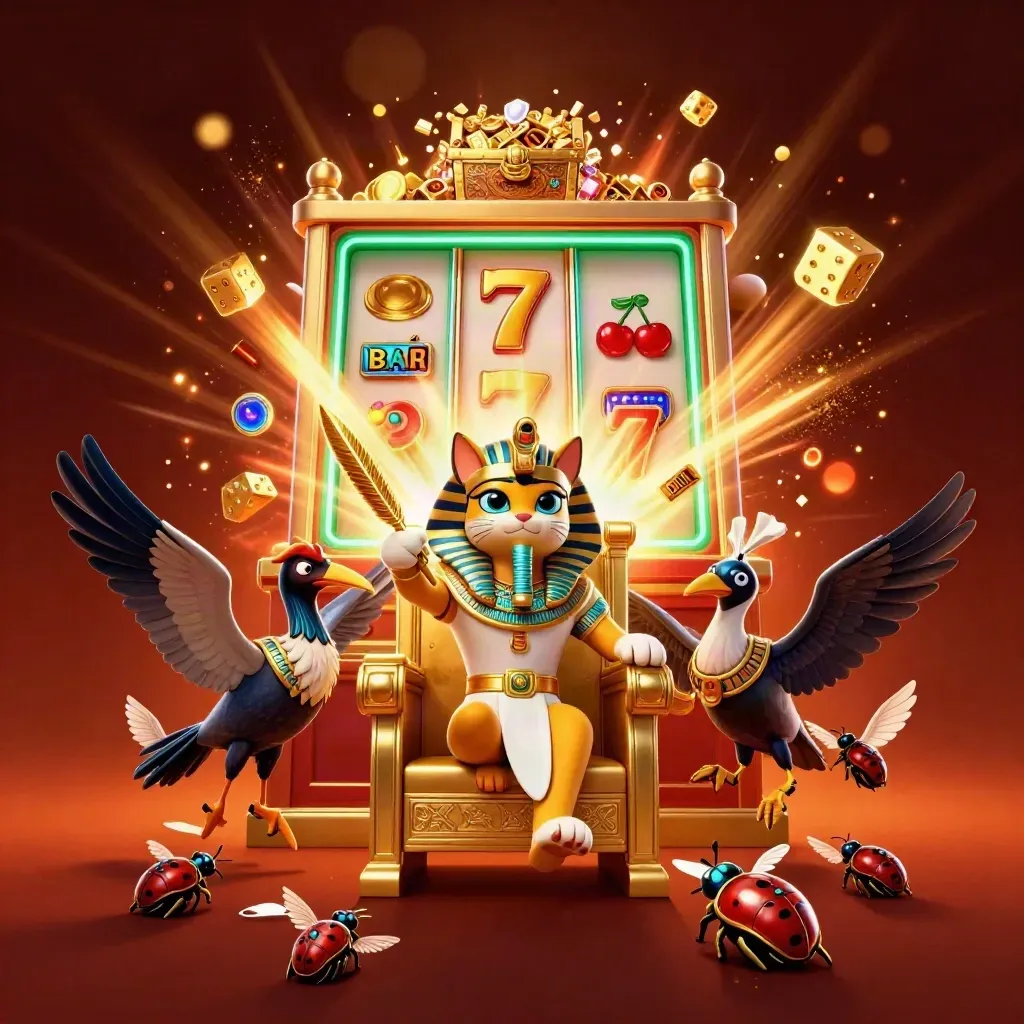 Pharaoh cat, ibis scribe and gem scarabs amid jackpot bursts and gold treasure.