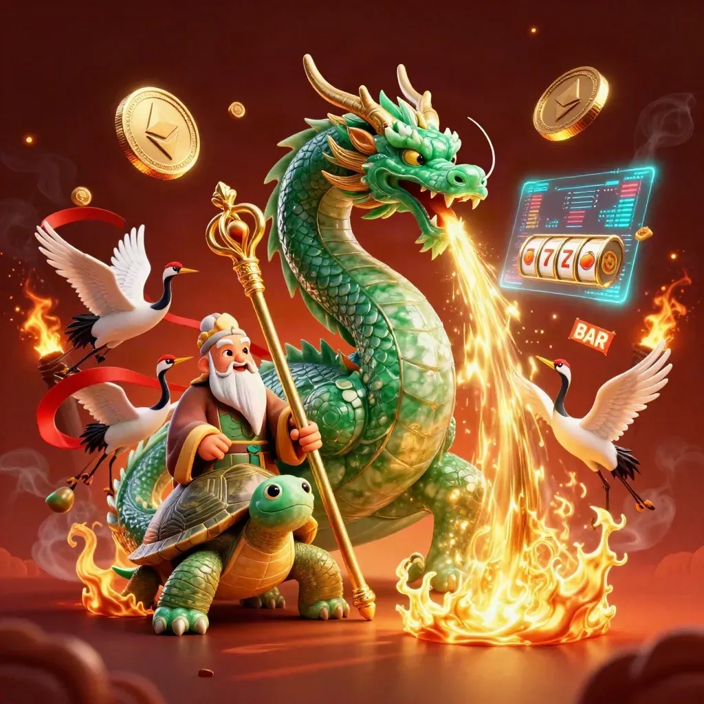 Emerald jade dragon, turtle sage, and cranes amid casino fire, coins, reels, and lightning.