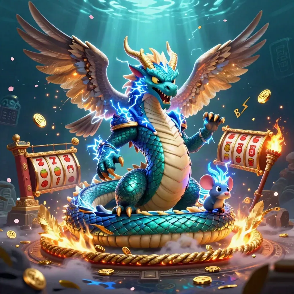 Thunder dragon, hawk, and mouse amid casino relics, lightning, coins, and temple ruins on a dark teal glow.